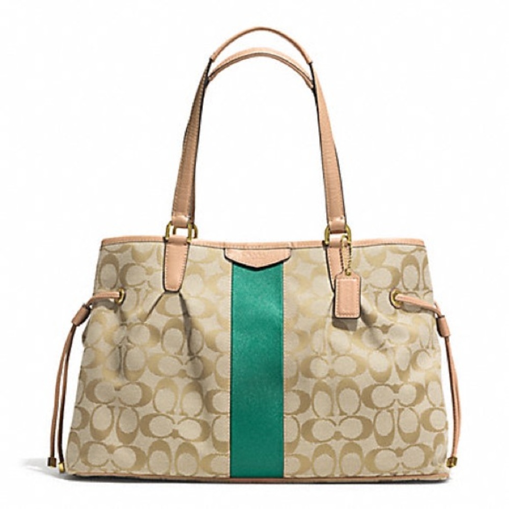 Coach Signature Khaki Tan with Green Stripe Drawstring Carryall (F28501)